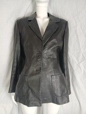 Wallace Sacks Black Leather Mid Length Button Up Jacket Size 12 UK Womens