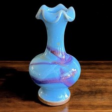 Blue Purple Pink Flambe Jun Style Vase 6.5" Tulip Top Pedestal Base Signed VTG