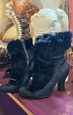 Salvador  Sapena  DesignBlack Victorian Leather Fur And Velvet Ribbon Boots 37 4
