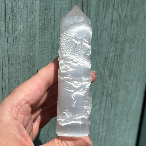 Selenite point with dragon - with,