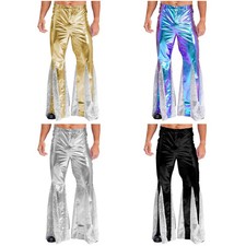 Men's Metallic 70s Vintage Disco Flared Pants Bell Bottom Trousers Dude Costume