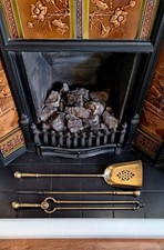 Antique Edwardian 3 x Brass Fire Irons, Fire Tools, Companion Set, Pierce Design