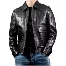 Mens Black Real Leather Crocodile Embossed Jacket Biker | Alligator Print Jacket