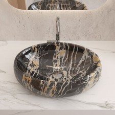 Large Bathroom Ceramic Black Marble Oval Round Sink Basin with Pop Up Waste Kit