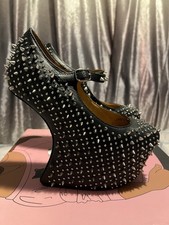 Jeffrey Campbell Size 5 Black Leather & Spikes “Prickly Wedge” Abstract Heel&box