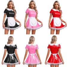 Women French Maid Outfit Costume PVC Leather Wet Look Dress Cosplay Fancy Dress