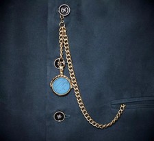 18ct Gold Plated Pocket Watch Albert Chain with Turquoise Spinner