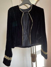 Zara Black Velvet Cropped Blazer Gold Braided Military Appliqué -  L - Worn Once