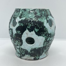 Mid Century Studio Pottery Tealight Holder Vase with Holes, Green Rustic Glaze