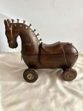 Wooden carved Trojan Horse on Wheels -  Storage/Trinket Box Vintage 