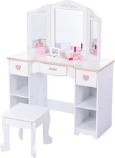 Kids Girl Dressing Table Vanity Table Chair Stool Set W/ Mirror Drawer for 3~8 y