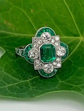 Art Deco Style Emerald & Lab Created Diamond 14K White Gold FN Engagement Ring