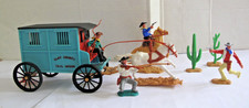 Vintage Timpo Wild West . Clay County Jail Wagon & 3 Timpo Cowboys