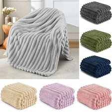 Large Ribbed Faux Fur Warm Fleece Throw Over Soft Sofa Bed Blanket Double & King