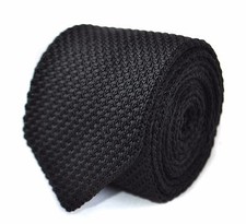 Frederick Thomas Knitted Silk Mens Tie - Black - Plain 8cm Pointed End Wedding