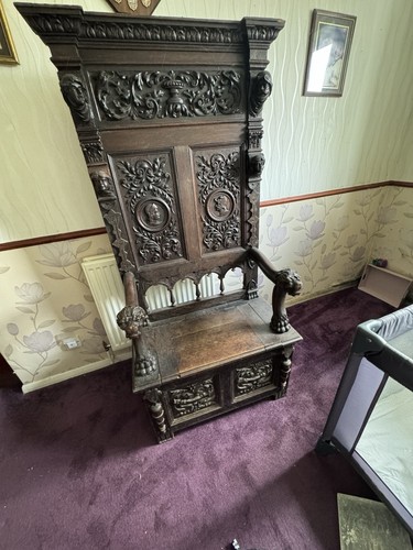 Vintage carved oak - oak, settle