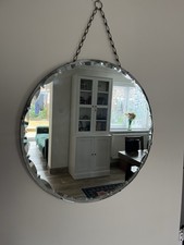 Vintage Circular Round Frameless Wall Mirror Scalloped Bevel Edge 50cm & Chain