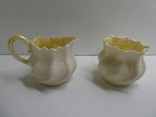 VINTAGE BELLEEK IRISH PORCELAIN JUG & SUGAR BOWL VASE POT - GREEN STAMP