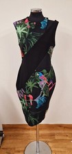 NEXT Tropical Print Dress Size 16 Petite Cut-out Shoulder Bodycon Stretch Black