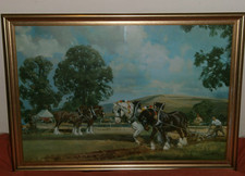 LARGE FRAMED & GLAZED FRANK WOOTTON PRINT - SHIRE HORSE PLOUGHING MATCH /VINTAGE