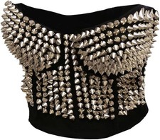Silver Studded Bustier Corset, Black Cotton with Metallic Spikes, Clubwear Party