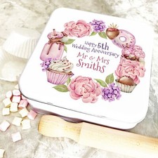 Square Treats Floral Wreath Anniversary Personalised Cake Tin