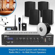 Mosque Masjid PA System Wireless Radio Mic 4x Wall Mount Speakers Amp & Cable