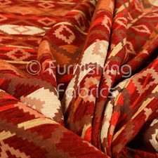 Modern Small Kilim Aztec Pattern Orange Red Chenille Curtain Upholstery Fabric