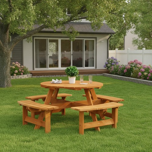 Pine wooden round picnic table - wooden,