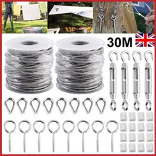 30M Stainless Steel Wire Rope Cable Hooks Hanging Kit Garden Railing Rope Roll