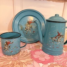 Rare Cath Kidston COWBOY Enamel Coffee Pot Mug and Plate Set