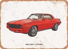 Classic Car Art - 1969 Chevy Camaro Pencil Sketch - Rusty Look Metal Sign 3