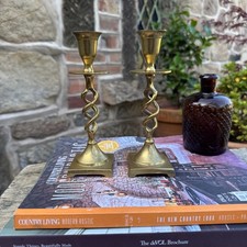 Antique Victorian Pair Of Brass Candle Stick Holders - Spiral Twist 18cm Tall 