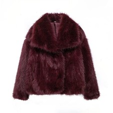 Women’s Cropped Faux Fur Jacket Coat Thick Lapel Collar Snap Button Outerwear