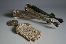 TWO ANTIQUE 19TH CENTURY SILVER SUGAR TONGS AND ART DECO SILVER COINS PURSE