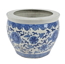 Large Vintage 12"D Chinese Asian Blue & White Floral Pattern Ceramic Flower Pot
