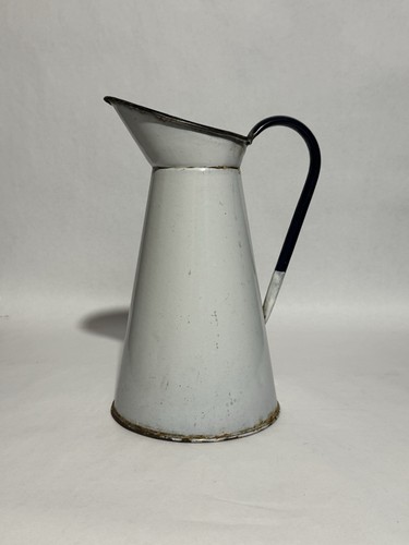 Vintage white enamel jug blue - jug,