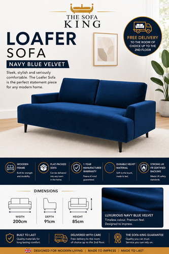 Navy blue velvet seater sofa - blue, 3