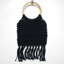 Navy Blue Small Macrame Fringed Handbag Bag Wood Handles Vintage Boho 70s Look