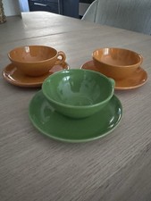 Vintage Richard Ginori Espresso Cups And Saucers, Green And Orange, Italy