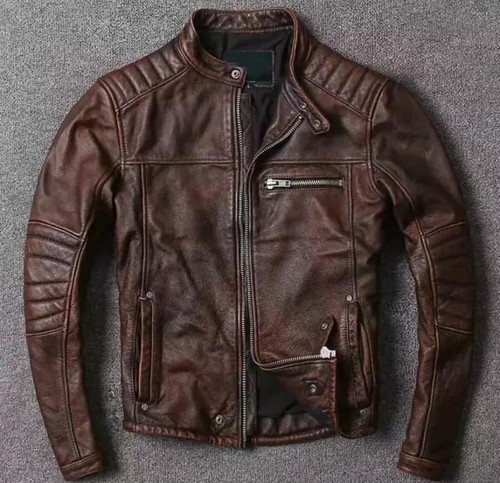 Men brown leather jacket - leather,