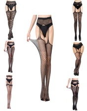 Sexy Stockings UK 8  14 All in One Suspenders Hold Ups  Black Pantyhose One Size
