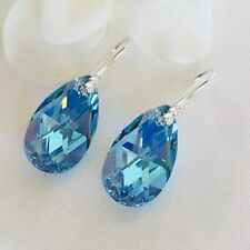 925 Silver Aquamarine Drop Earrings Pear Teardrop Made With Austrian Crystals