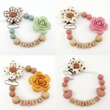 Flower Personalised Dummy Clips Wooden Pacifier Chain Soother Holder Shower Gift
