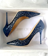 JIMMY CHOO SIZE 6 ABEL BLK/NVY GLITTER SUEDE BOTTOM PUMPS