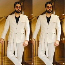 2 Pcs Men Suits with Belt Formal Prom Slim Fit Men's Safari Jackets Men Coat