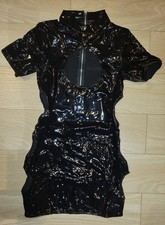 New Black Glossy PVC Back Zip Mini Dress Club Wear Size UK 8