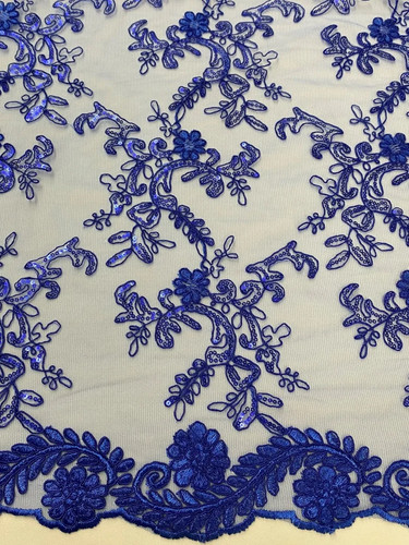Royal blue corded floral lace - blue,