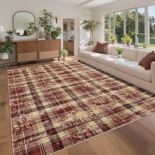 Modern red plaid washable - modern, rug