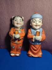 Pair Vintage Chinese Porcelain Figurines Lucky Children Jade Girl & Golden Boy